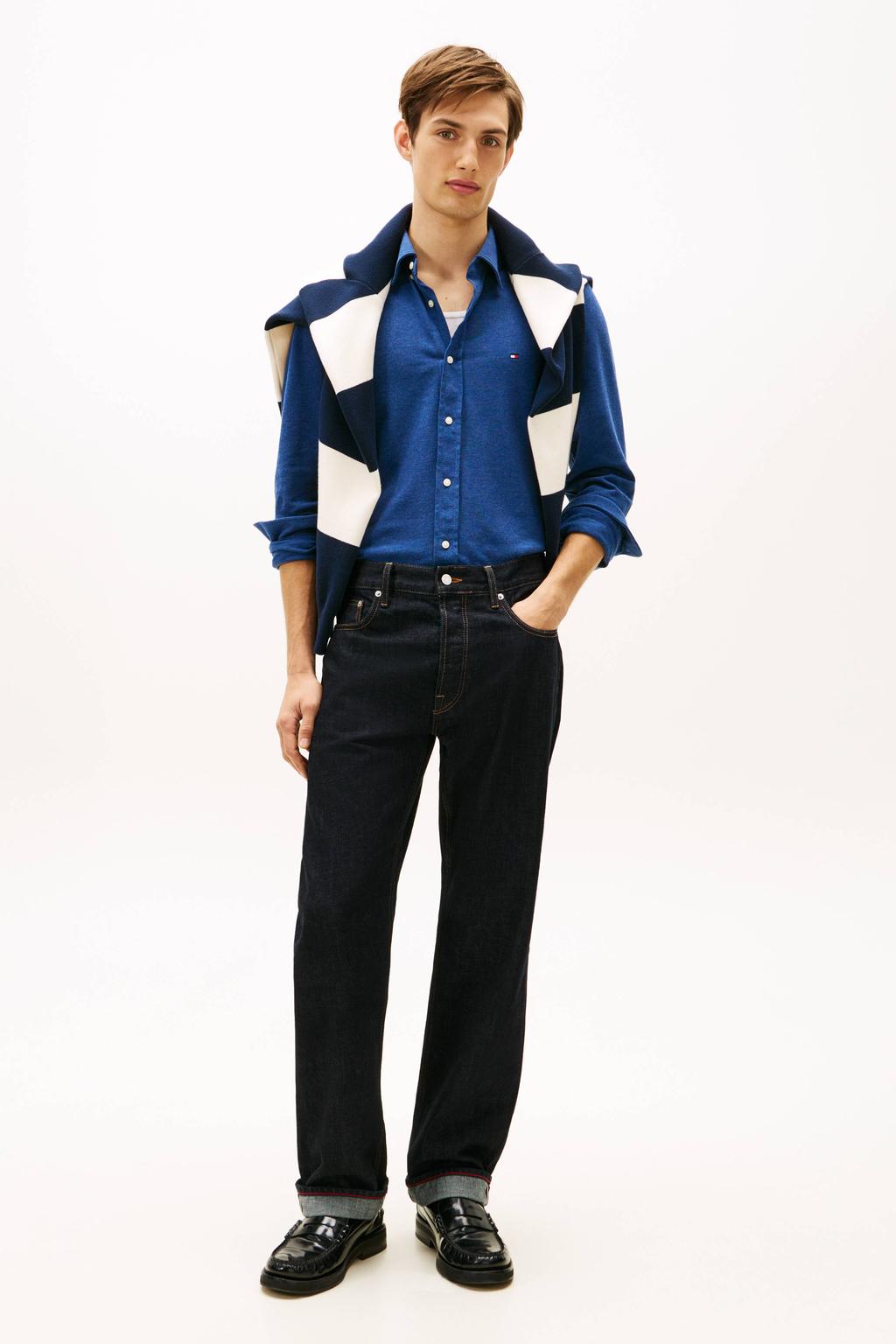 Donkerblauwe heren Tommy Hilfiger Regular casual overhemd van katoen met effen, lange mouwen, button down sluiting en knoopsluiting