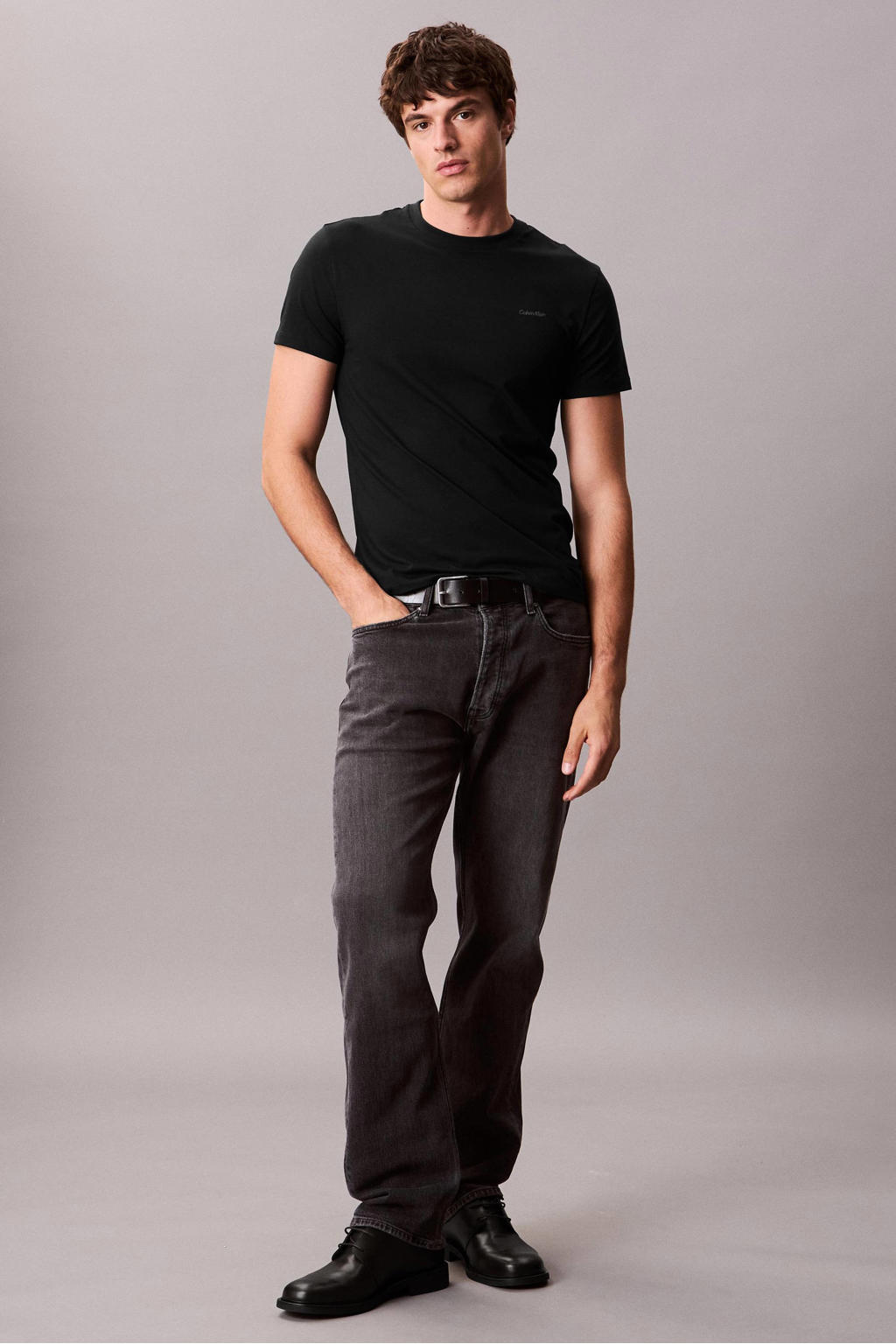 Zwarte heren Calvin Klein slim T-shirt van katoen met effen, korte mouwen en ronde hals