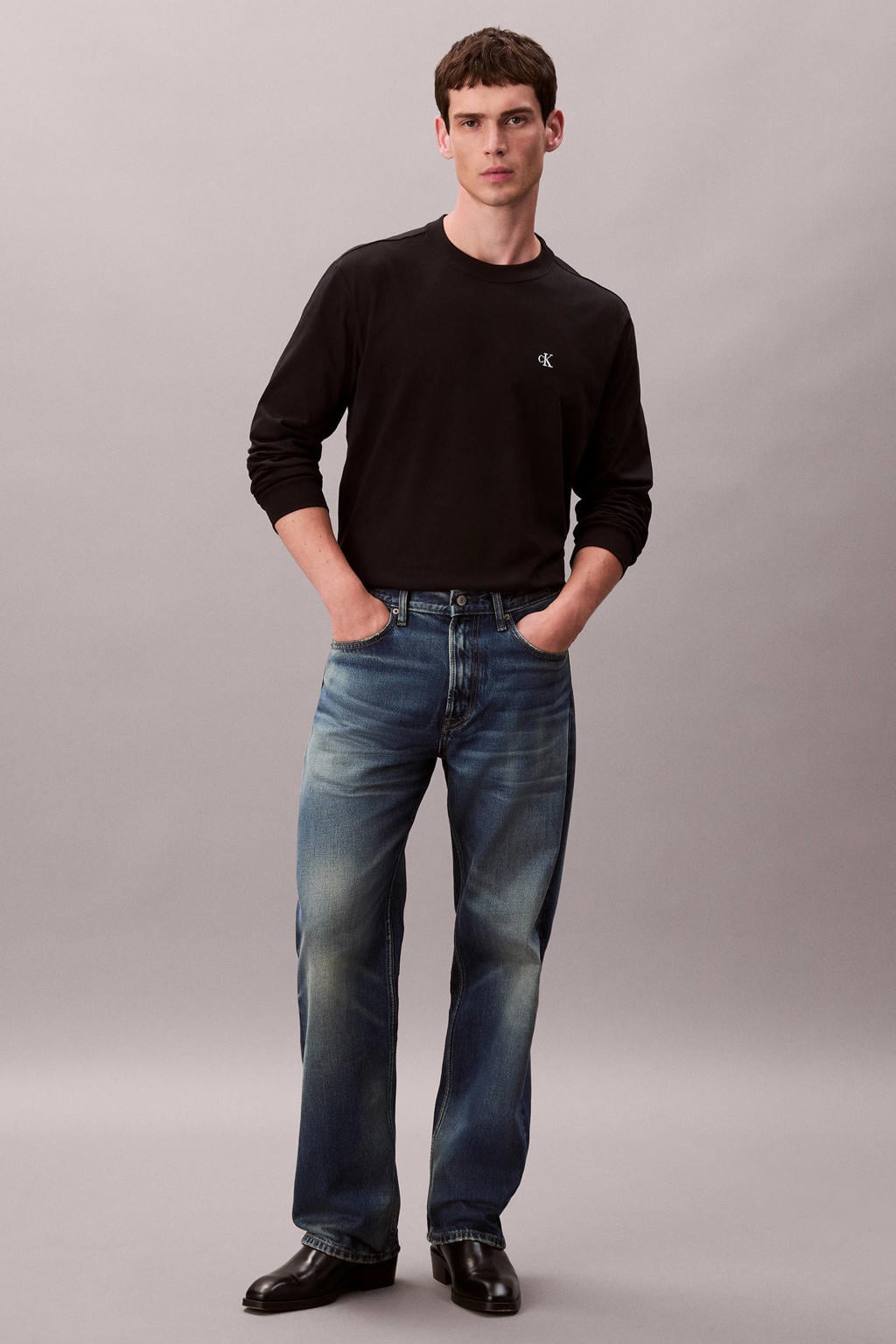 Zwarte heren CALVIN KLEIN JEANS longsleeve van katoen met effen, lange mouwen en ronde hals