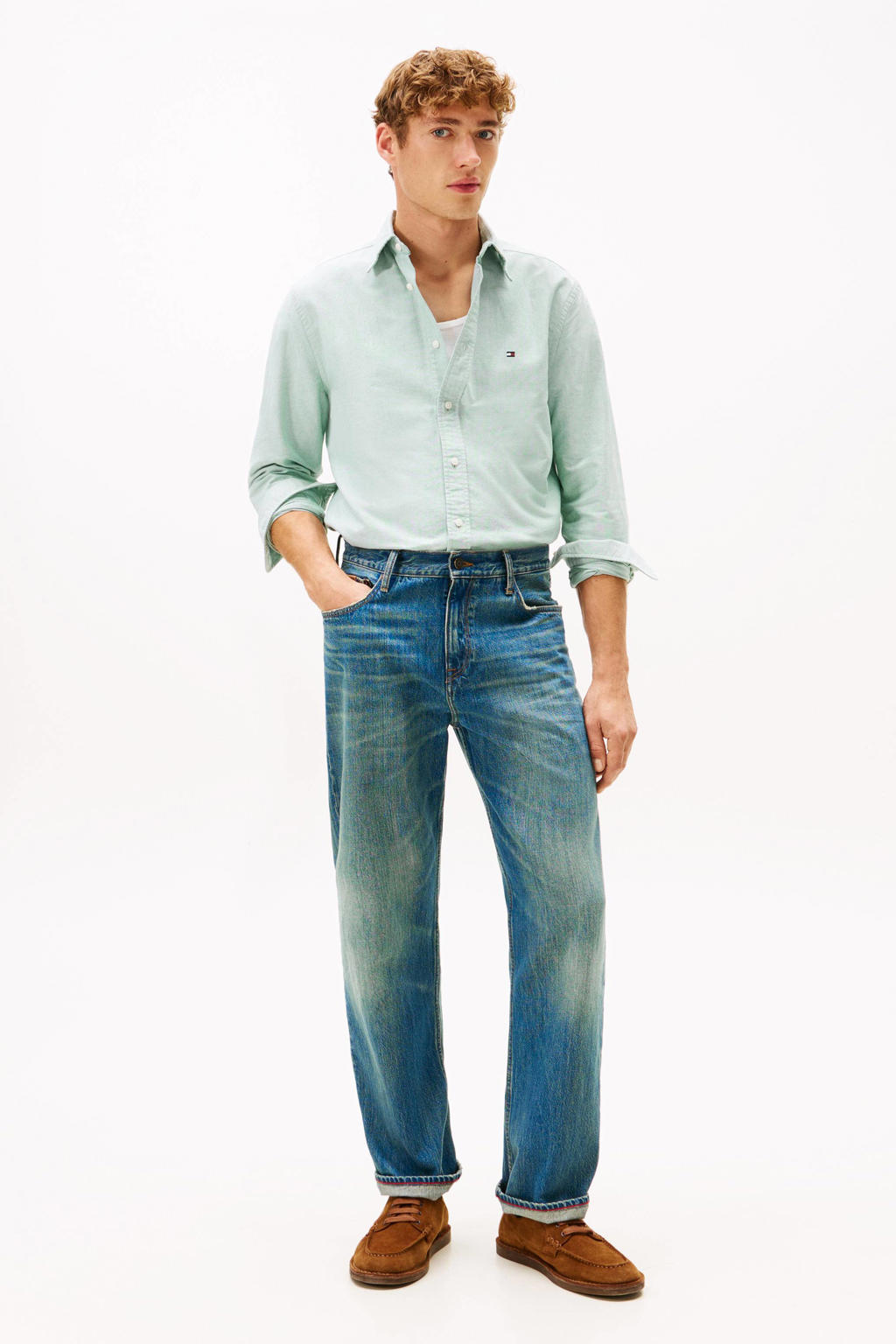 Lichtgroene heren Tommy Hilfiger regular casual overhemd van katoen met effen, lange mouwen, button down sluiting en knoopsluiting