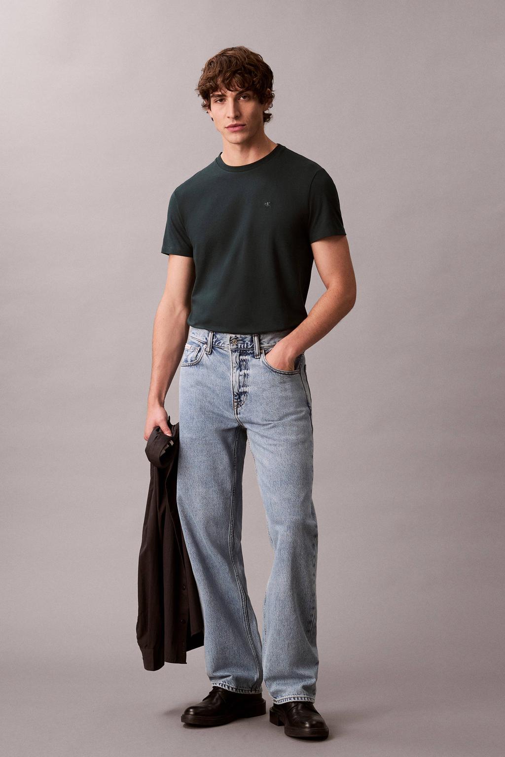 Donkergroene heren Calvin Klein slim T-shirt van katoen met effen, korte mouwen en ronde hals