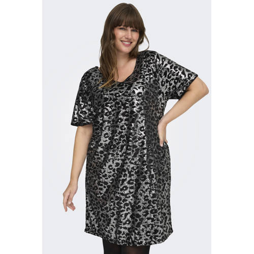 ONLY CARMAKOMA t-shirtjurk korte jurk met panterprint met pailletten zwart afbeelding