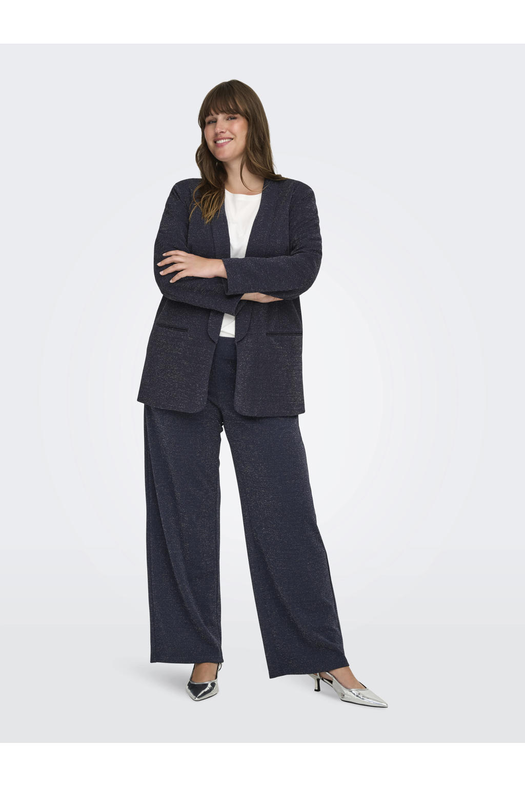 Donkerblauwe dames ONLY CARMAKOMA regular blazer van polyester met lange mouwen, reverskraag, knoopsluiting en glitters