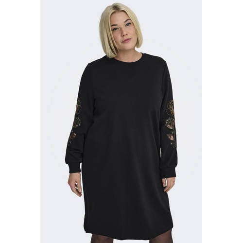 ONLY CARMAKOMA gebloemde sweatjurk met pailletten zwart afbeelding