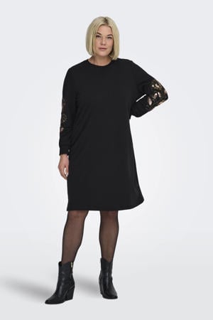 gebloemde sweatjurk met pailletten zwart