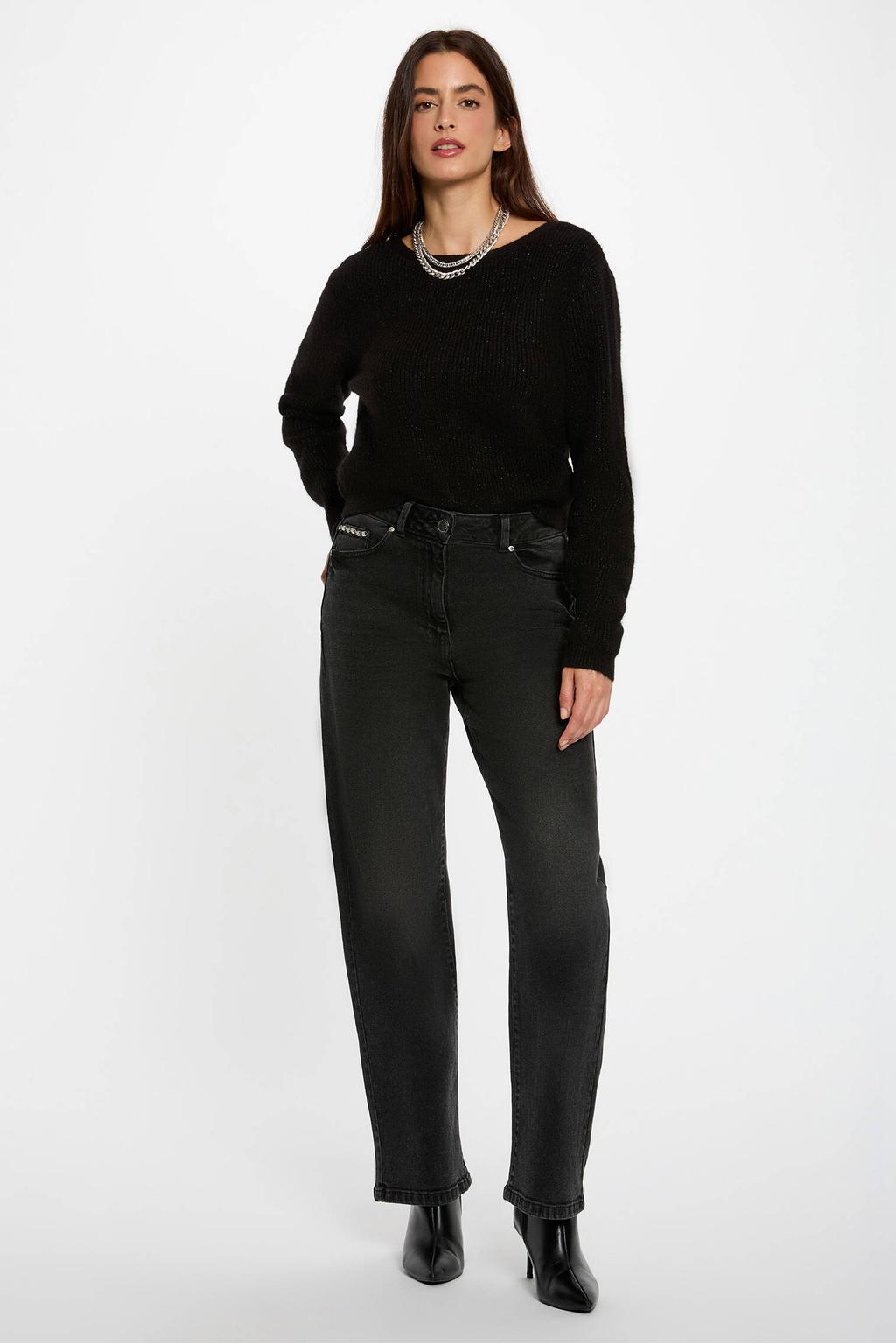 Zwarte dames Morgan vest rib gebreid met effen, lange mouwen, V-hals en knoopsluiting