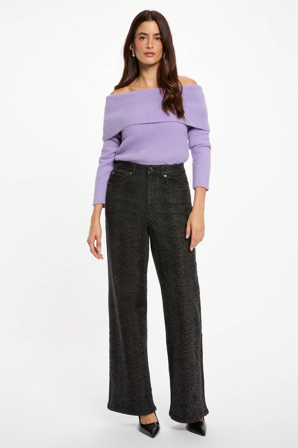 Lilakleurige dames Morgan off shoulder trui van polyester met lange mouwen en geribde boorden