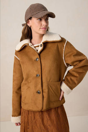 suede imitatieleren jas cognac