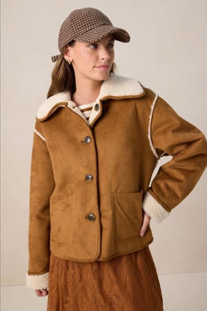 suede imitatieleren jas cognac