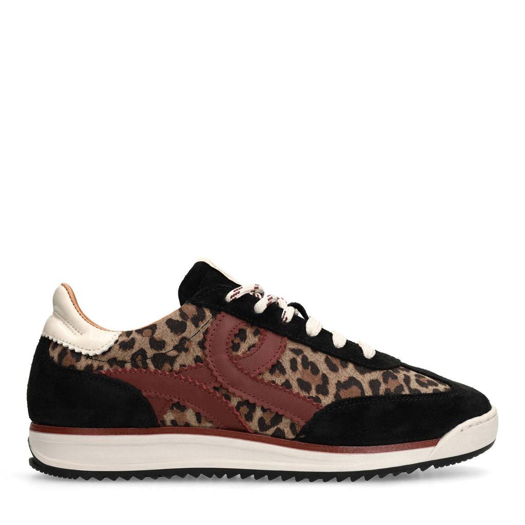 Zwarte dames Manfield suède sneakers panter met veters