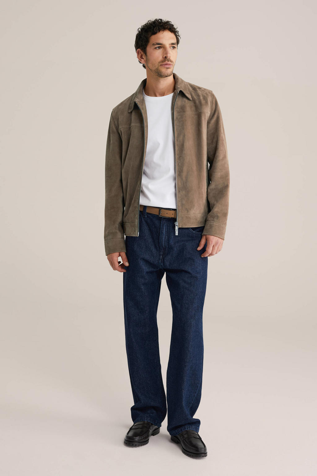 Bruine heren WE Fashion suede jasje met effen, lange mouwen, klassieke kraag en ritssluiting
