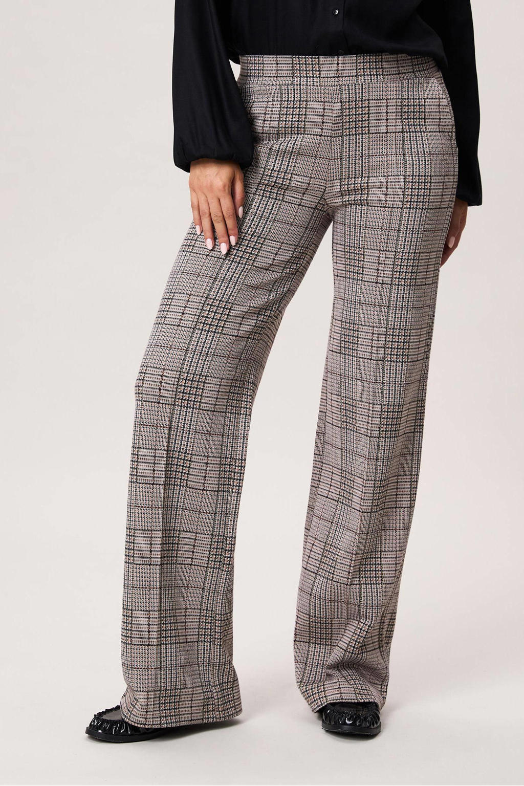 Beige en bruine dames Miss Etam wide leg regular waist broek met ruitenprint
