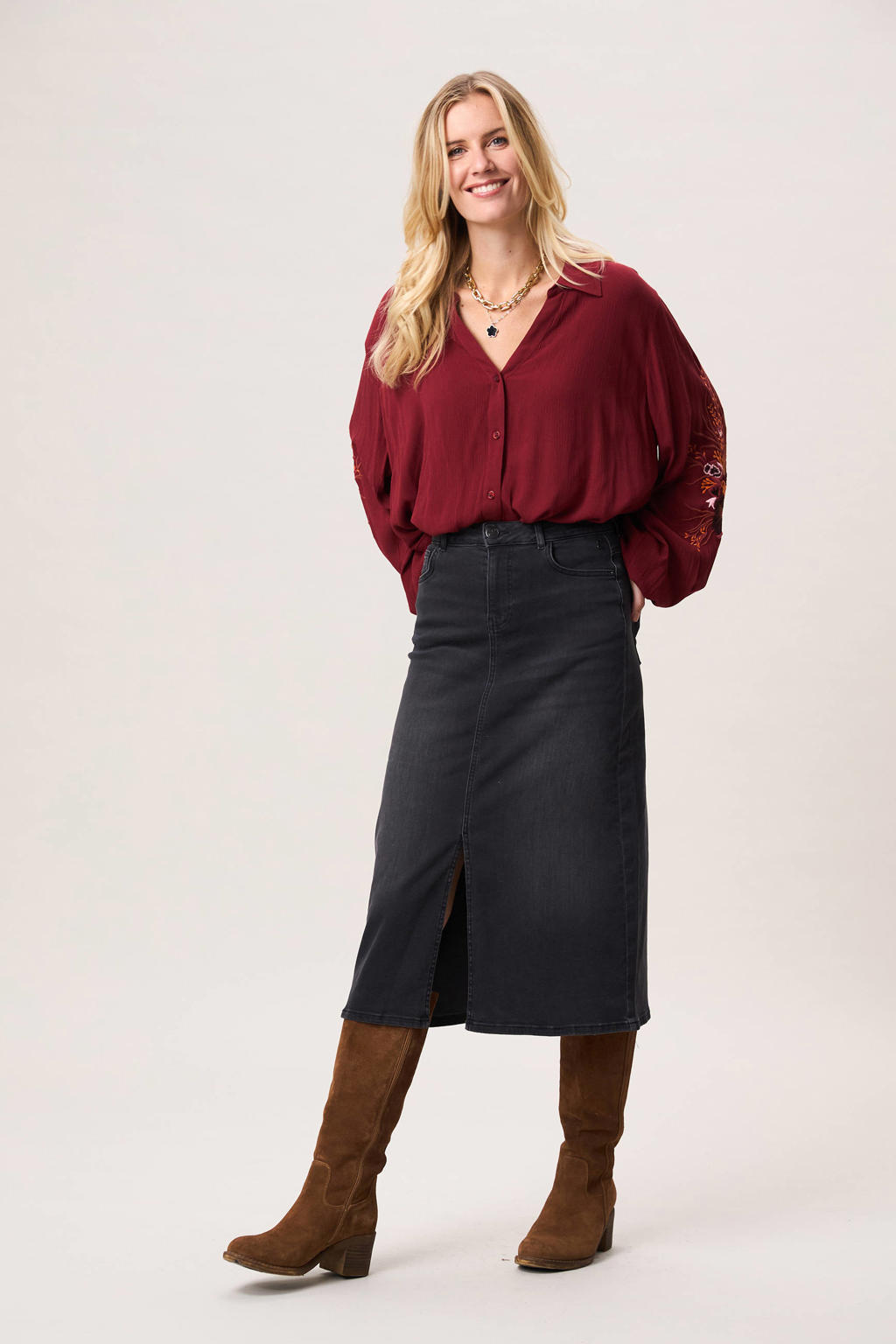 Grey denim dames Miss Etam spijkerrok gemaakt van katoen en met rits- en knoopsluiting