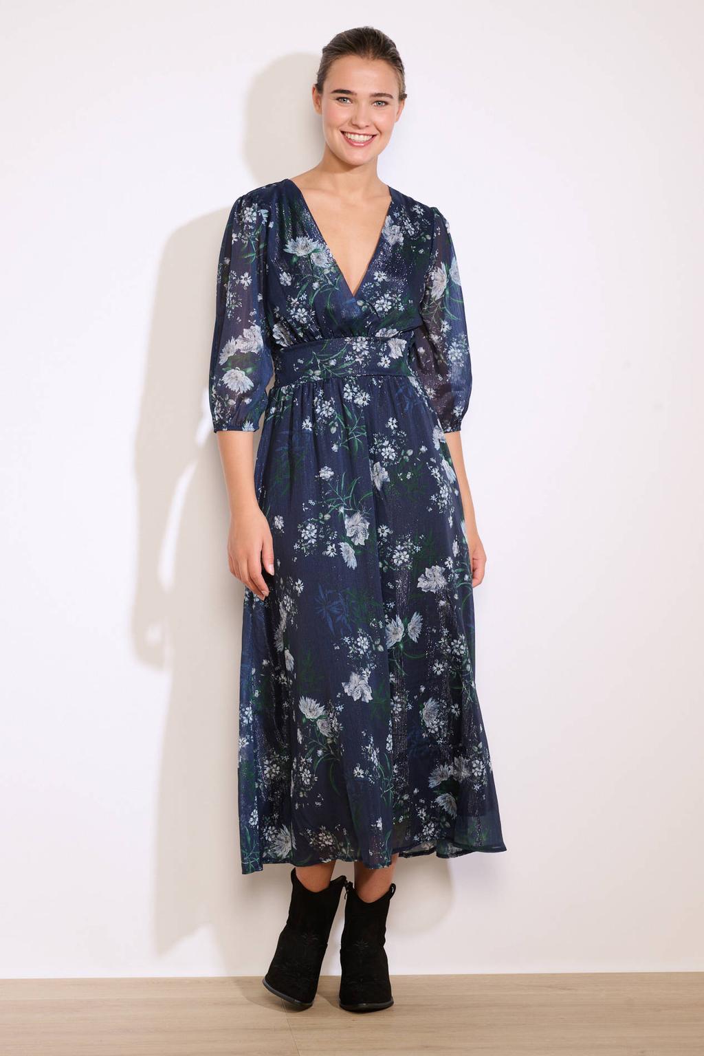 Donkerblauwe dames LOLALIZA midi jurk van polyester met bloemenprint, half lange mouwen en overslagkraag
