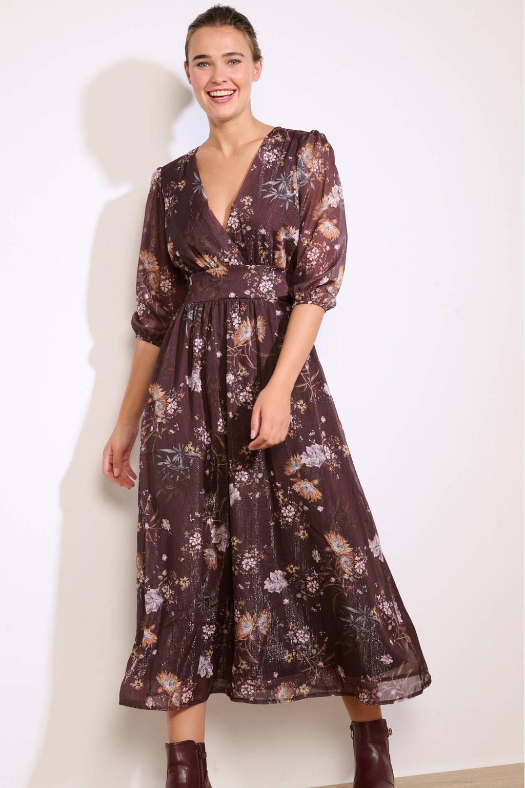 Donkerblauwe dames LOLALIZA midi jurk van polyester met bloemenprint, half lange mouwen en overslagkraag