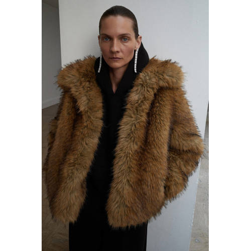 Mango faux fur jas bruin afbeelding