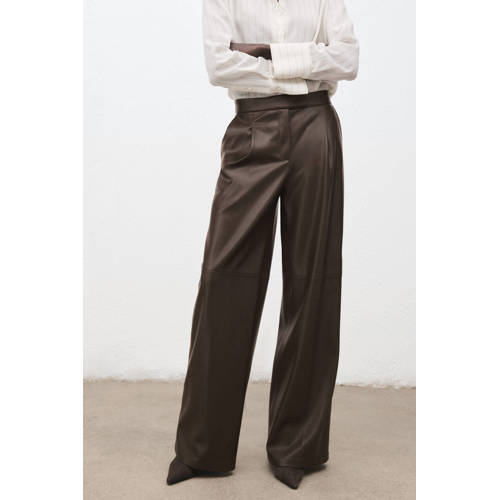 Mango imitatieleren wide leg regular waist broek bruin afbeelding