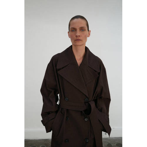 Mango wollen trenchcoat donkerbruin afbeelding