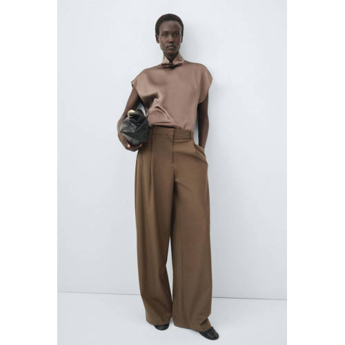 Mango wide leg regular waist broek met wol bruin afbeelding