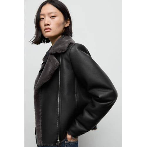 Mango imitatieleren bikerjack zwart afbeelding