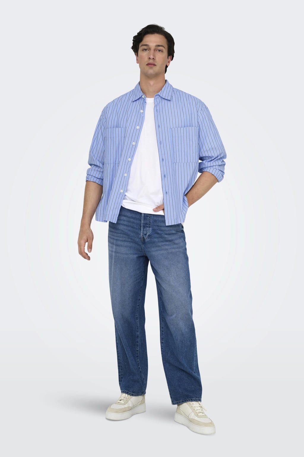 Blauwe heren ONLY & SONS van katoen met strepenprint, lange mouwen, klassieke kraag en knoopsluiting