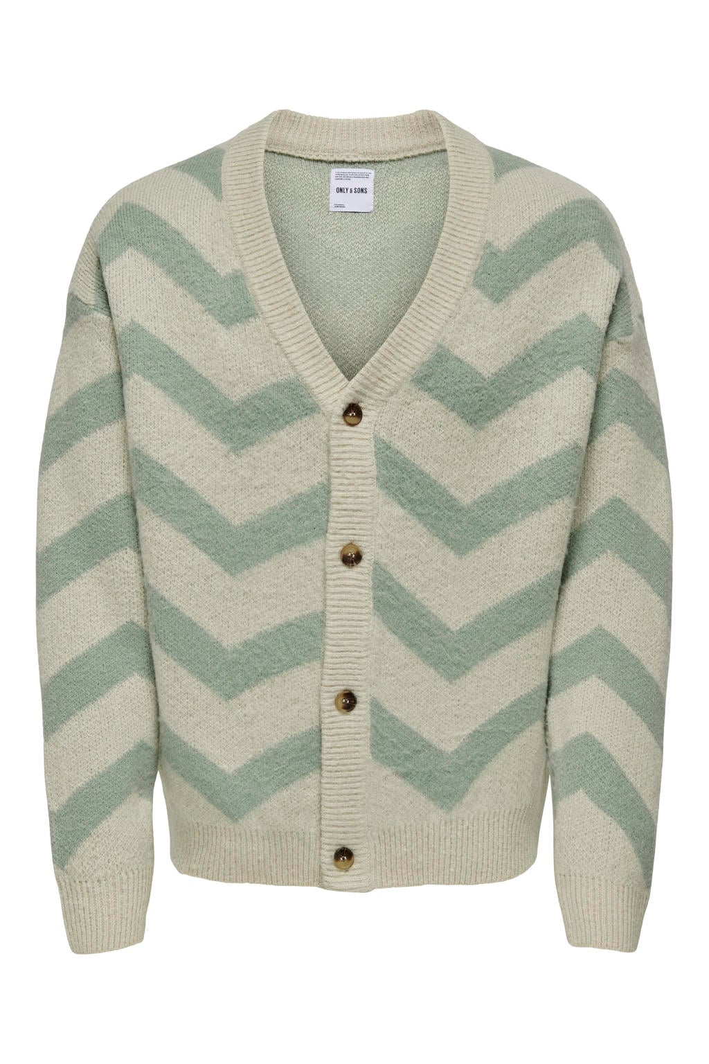 Beige heren ONLY & SONS cardigan gebreid van acryl met lange mouwen, V-hals en knoopsluiting
