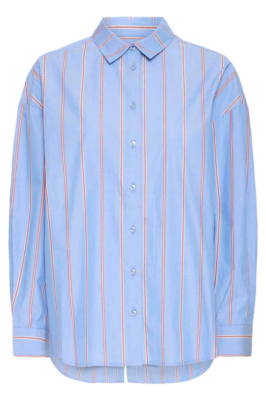 Blauw en oranje dames ICHI gestreepte blouse van katoen met lange mouwen, klassieke kraag en knoopsluiting