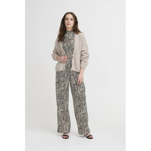 ICHI wide leg high waist casual broek met zebraprint beige afbeelding