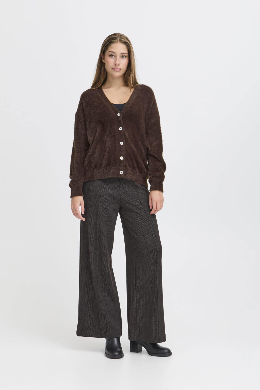 Donkerblauwe dames ICHI gebreid vest van nylon met effen, lange mouwen, V-hals, knoopsluiting en textuur