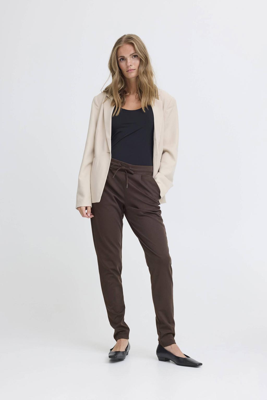 Bruine dames ICHI jersey regular waist casual broek van polyester met elastische tailleband met koord en effen