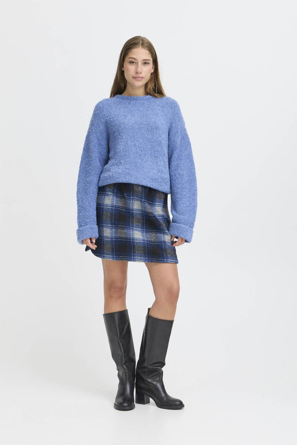 Blauw en grijze dames ICHI A-lijn rok gemaakt van polyester en met blinde ritssluiting