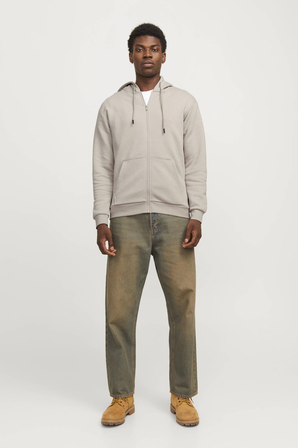 Beige heren JACK & JONES ESSENTIALS sweatvest met effen, lange mouwen, capuchon, ritssluiting en geribde boorden