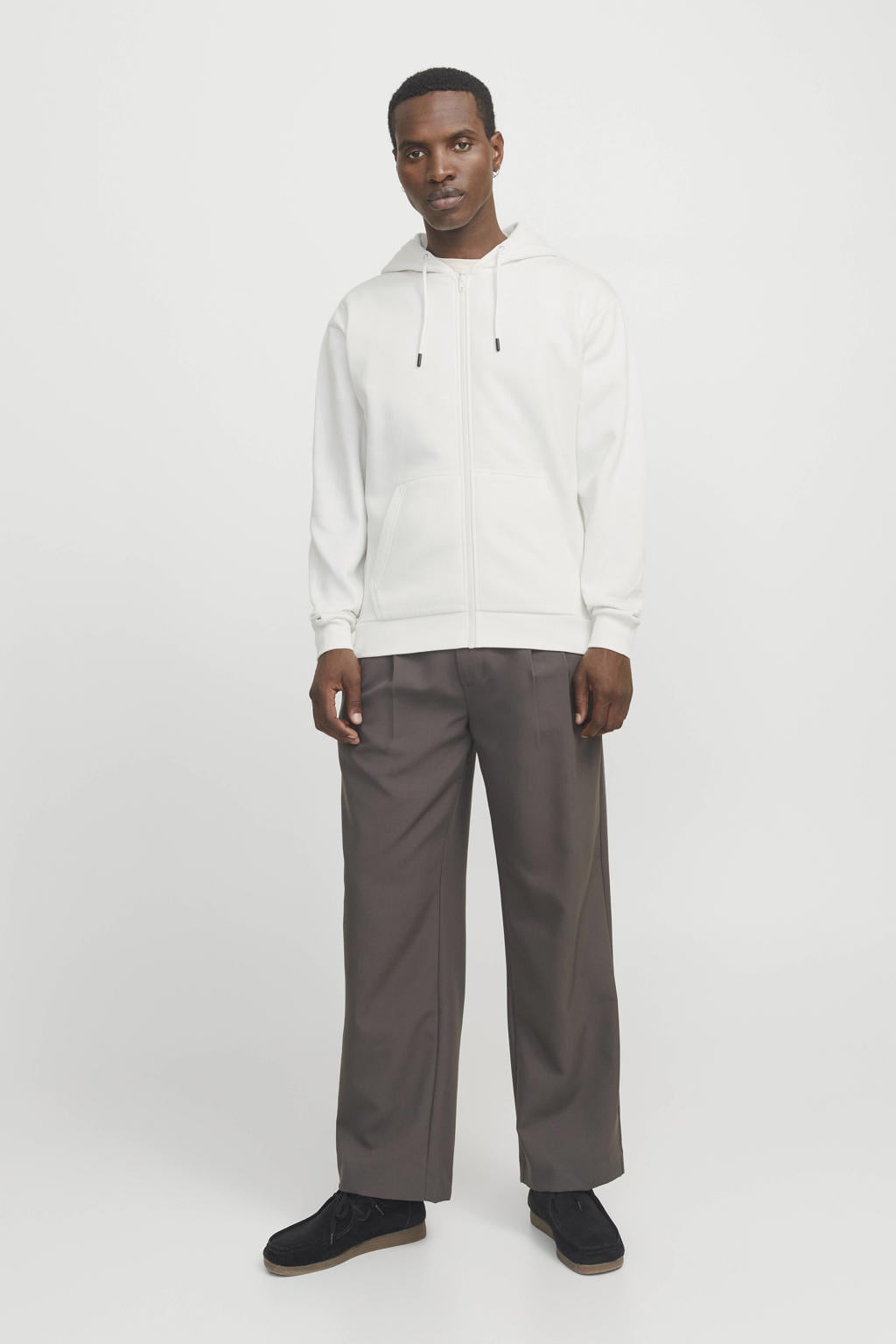 Witte heren JACK & JONES ESSENTIALS sweatvest met effen, lange mouwen, capuchon en ritssluiting