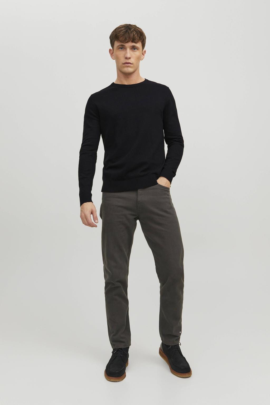 Zwarte heren JACK & JONES ESSENTIALS trui fijn gebreid van katoen met effen, lange mouwen en ronde hals