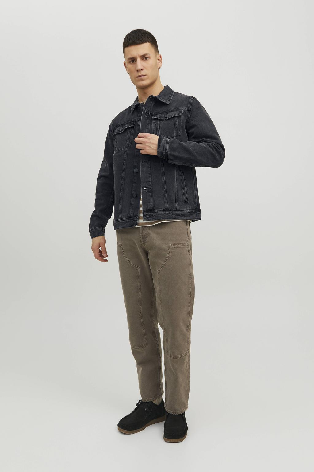 Black denim heren JACK & JONES JEANS INTELLIGENCE spijkerjas black van denim met effen, lange mouwen, klassieke kraag, knoopsluiting en geweven detail