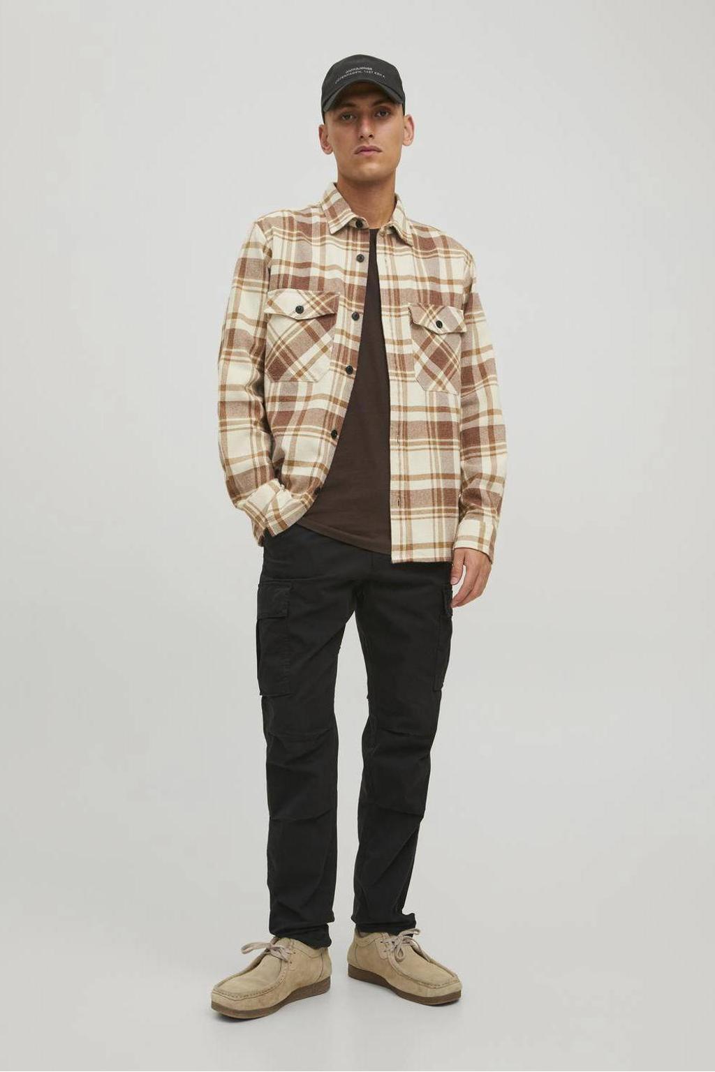 Zwarte heren JACK & JONES PANTS STUDIO tapered cargobroek van katoen met effen en rits- en knoopsluiting