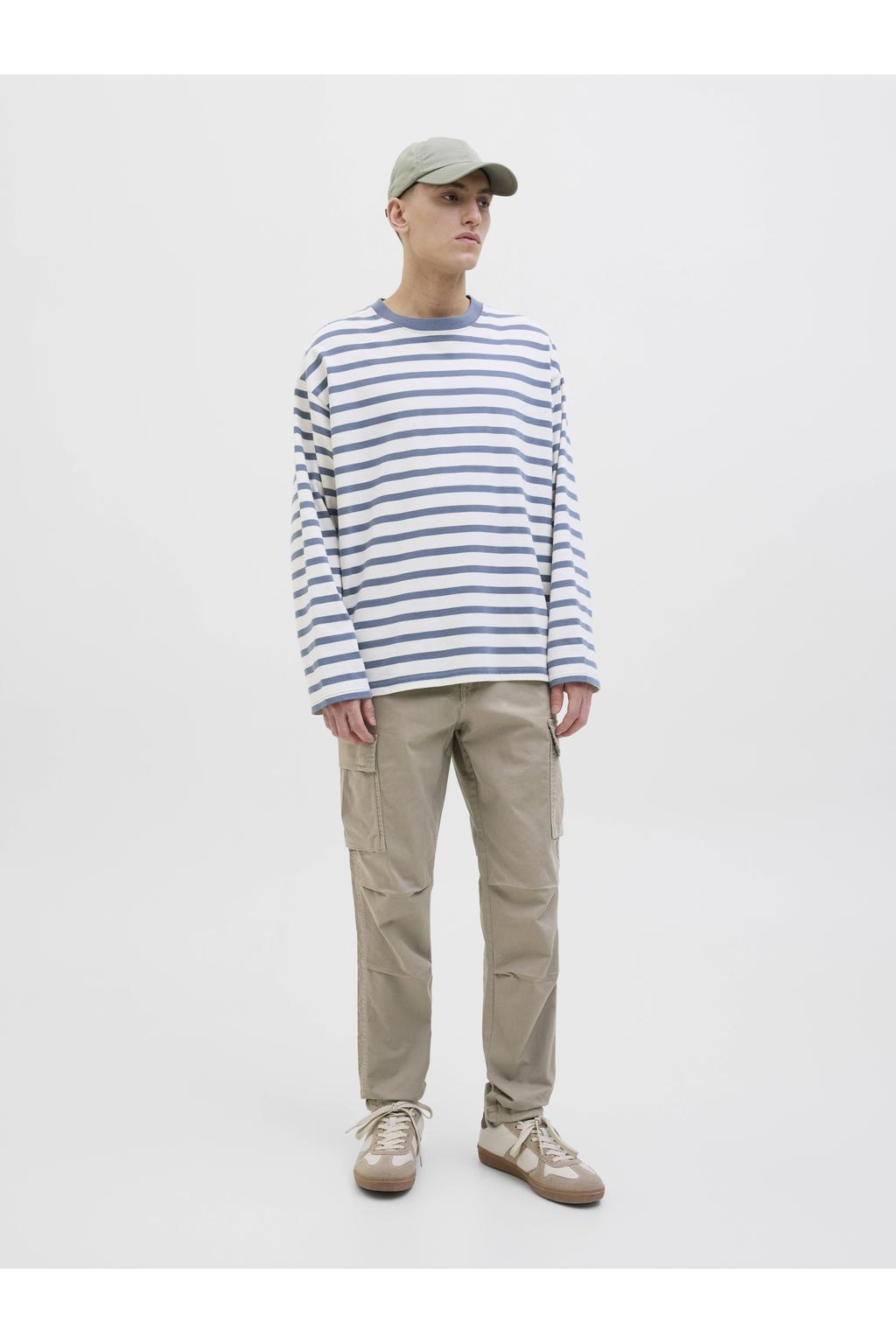 Beige heren JACK & JONES PANTS STUDIO tapered cargobroek van katoen met effen en rits- en knoopsluiting