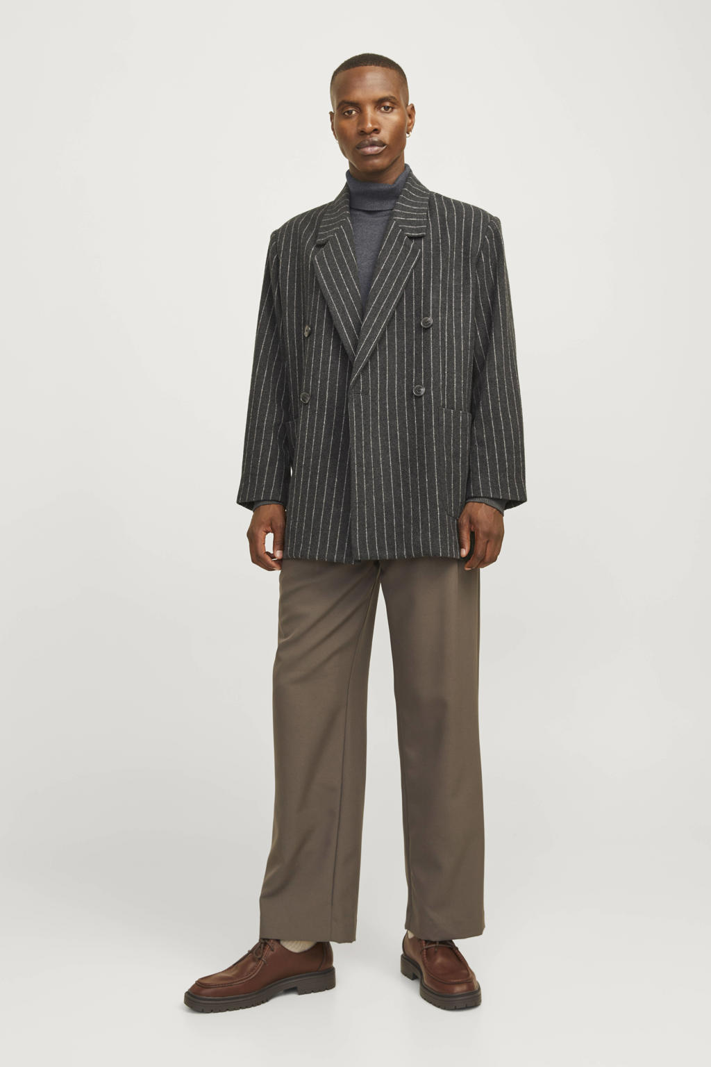 Grijze heren JACK & JONES ESSENTIALS coltrui van katoen met melée print, lange mouwen en geribde boorden