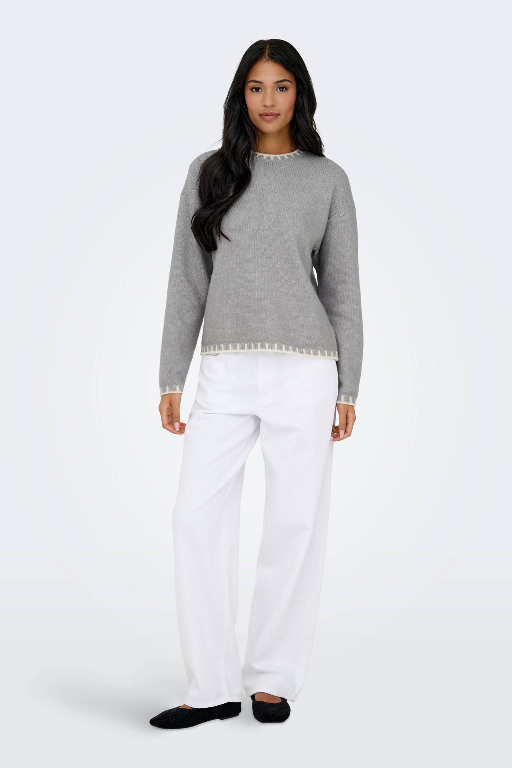 Grijs en ecru dames JDY pullover van acryl met effen, lange mouwen, ronde hals en contrast stiksels