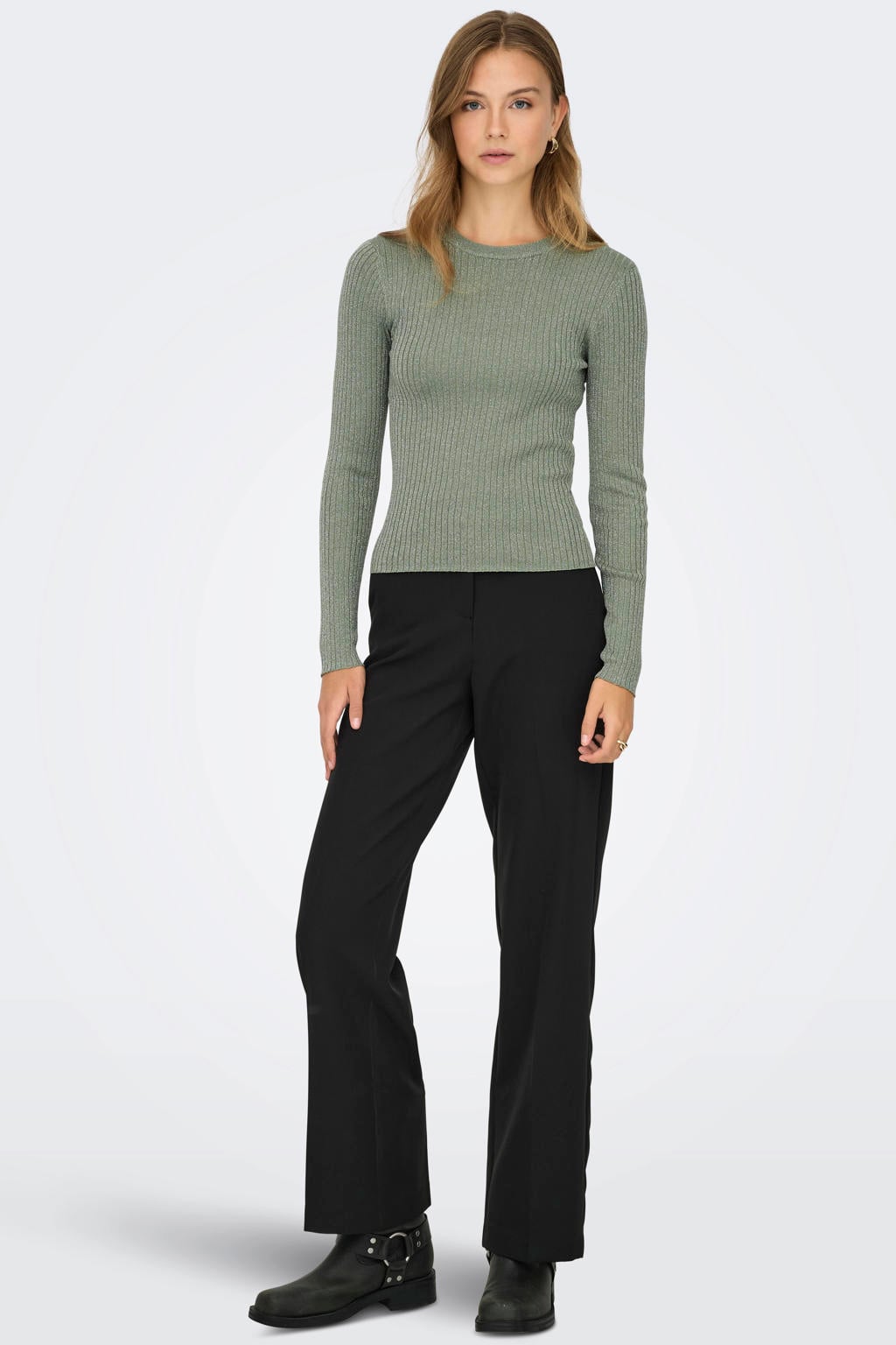 Groen en zilverkleurige dames JDY gebreide trui van viscose met effen, lange mouwen, ronde hals en lurex