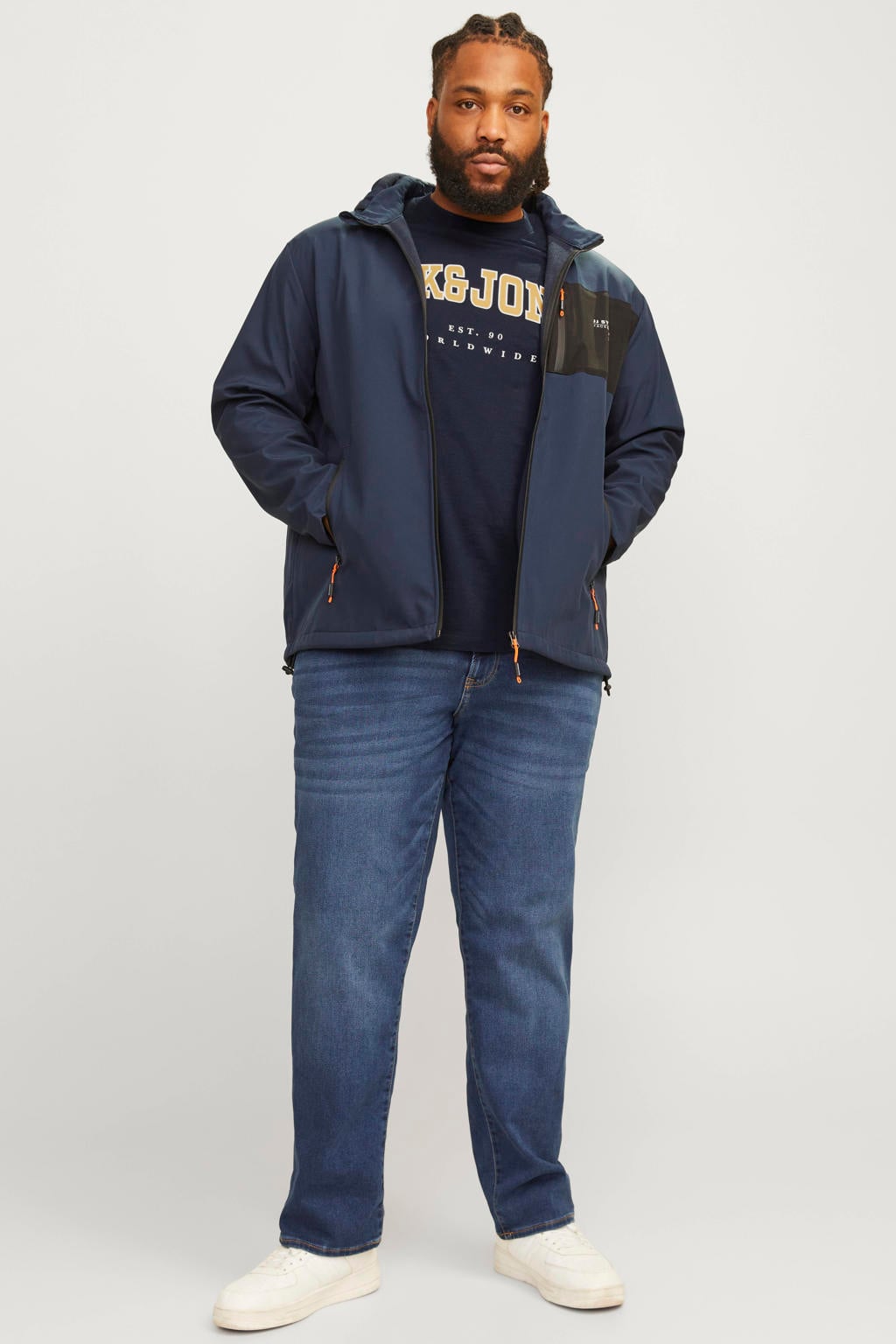 Donkerblauwe heren JACK & JONES PLUS SIZE regular T-shirt Plus Size van katoen met printopdruk en korte mouwen