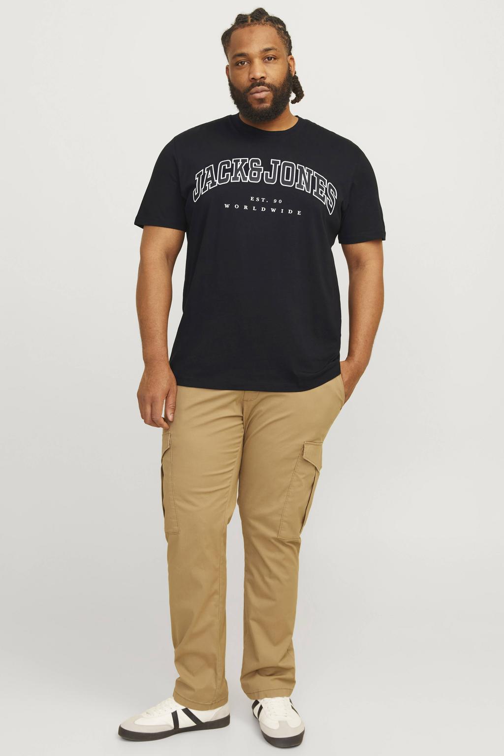 Zwarte heren JACK & JONES PLUS SIZE regular T-shirt Plus Size van katoen met printopdruk en korte mouwen