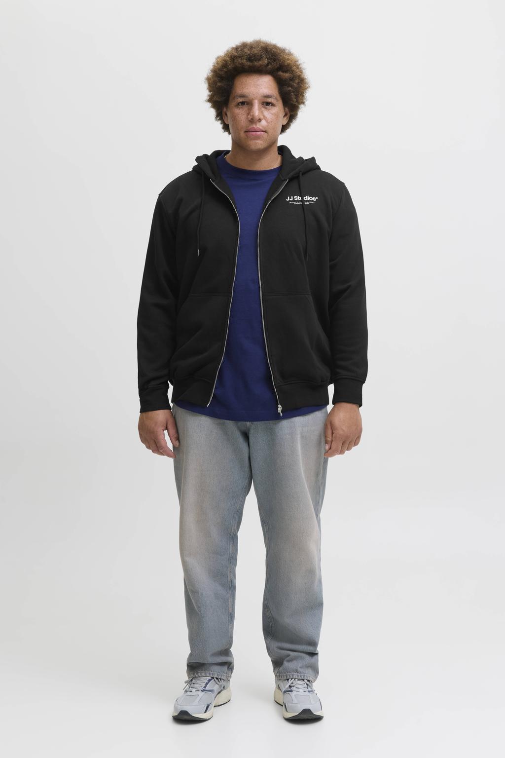 Zwarte heren JACK & JONES PLUS SIZE sweatvest met printopdruk, lange mouwen, capuchon en ritssluiting