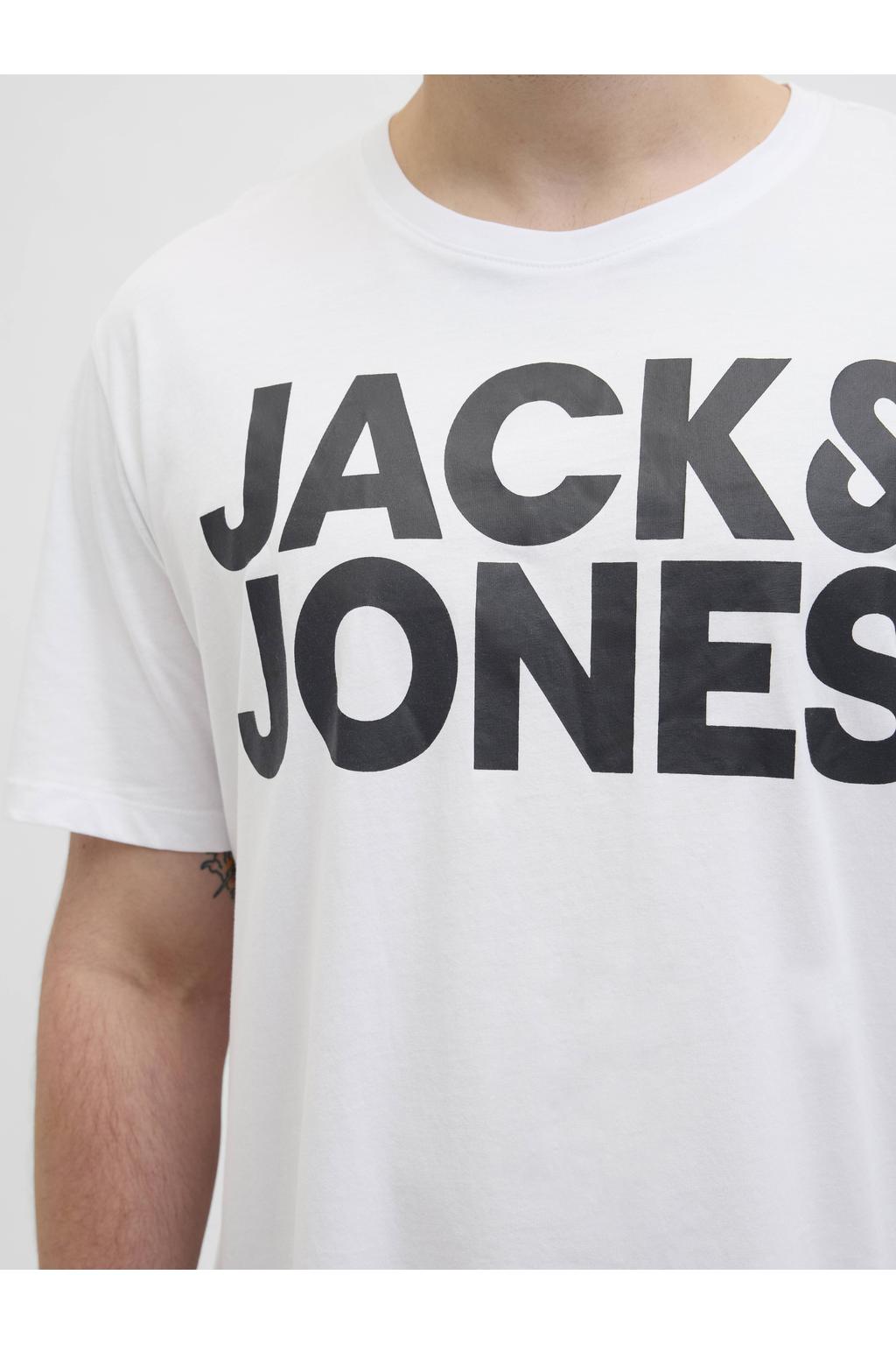 Witte heren JACK & JONES PLUS SIZE regular T-shirt van katoen met logo dessin, korte mouwen en ronde hals
