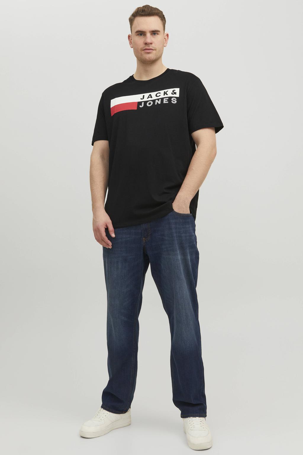 Zwarte heren JACK & JONES PLUS SIZE regular T-shirt van katoen met logo dessin, korte mouwen en ronde hals