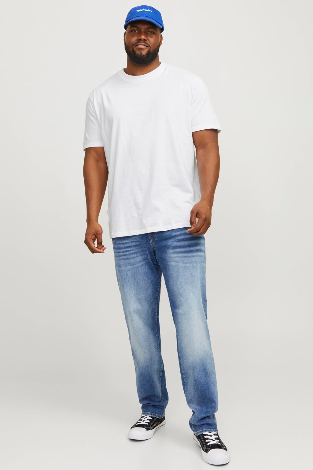 Witte heren JACK & JONES PLUS SIZE regular T-shirt van katoen met effen, korte mouwen en ronde hals