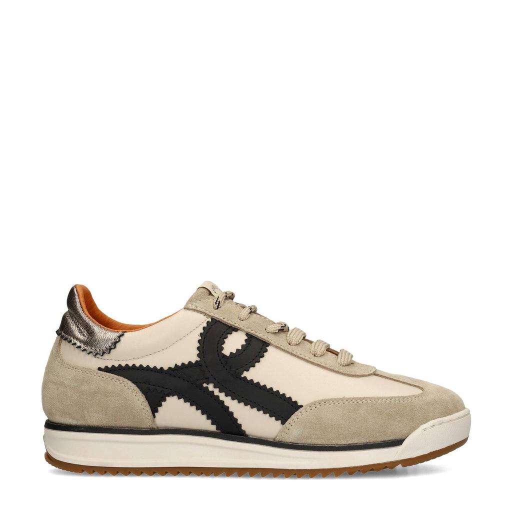 Beige en zwarte dames Manfield leren sneakers met veters