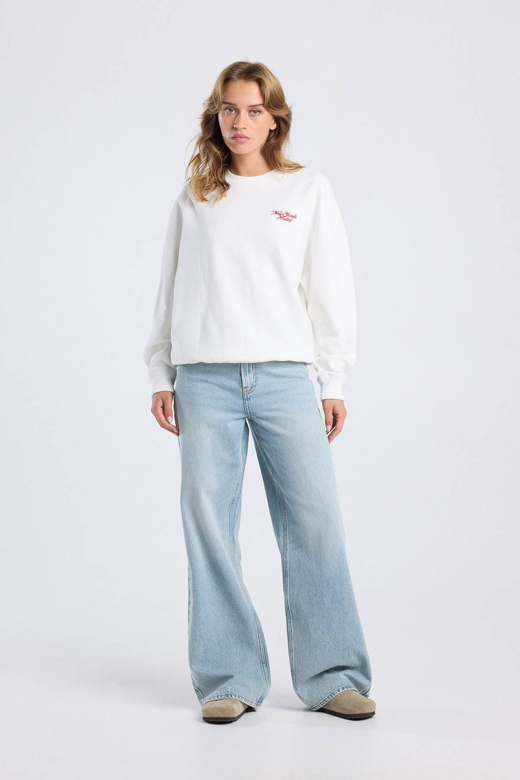 Medium blue denim dames America Today high waist wide leg jeans van denim met knoopsluiting en effen