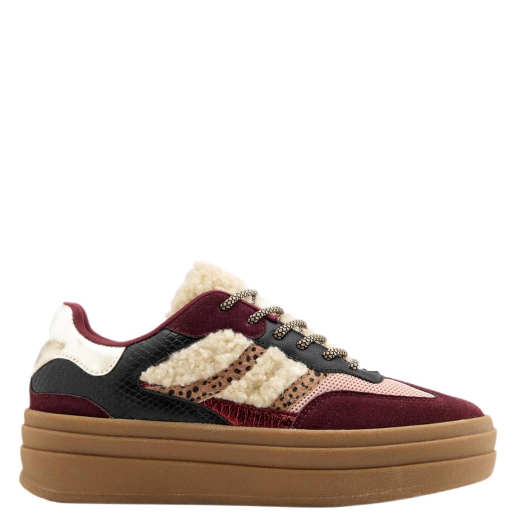 Bordeaux en ecru dames Graceland sneakers van imitatieleer en imitatiebont met veters