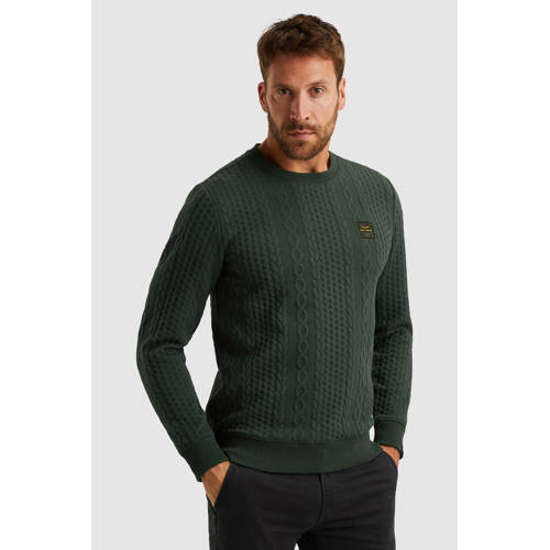 PME Legend sweater met kabels donkergroen afbeelding